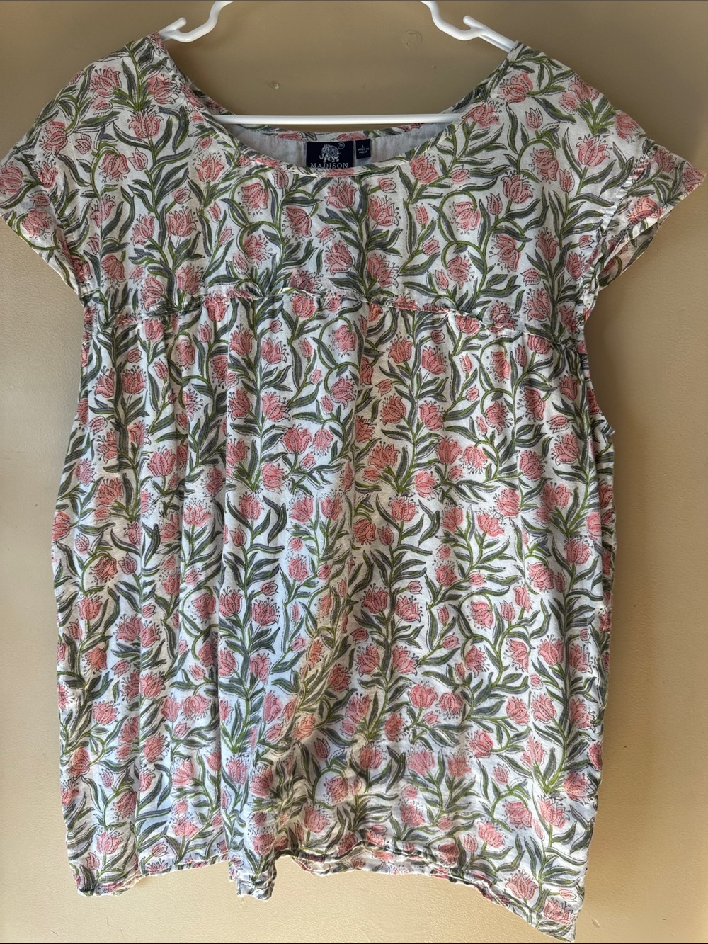 Madison Mathews Floral Short-Sleeve Peasant Tunic - Pink/Green on White